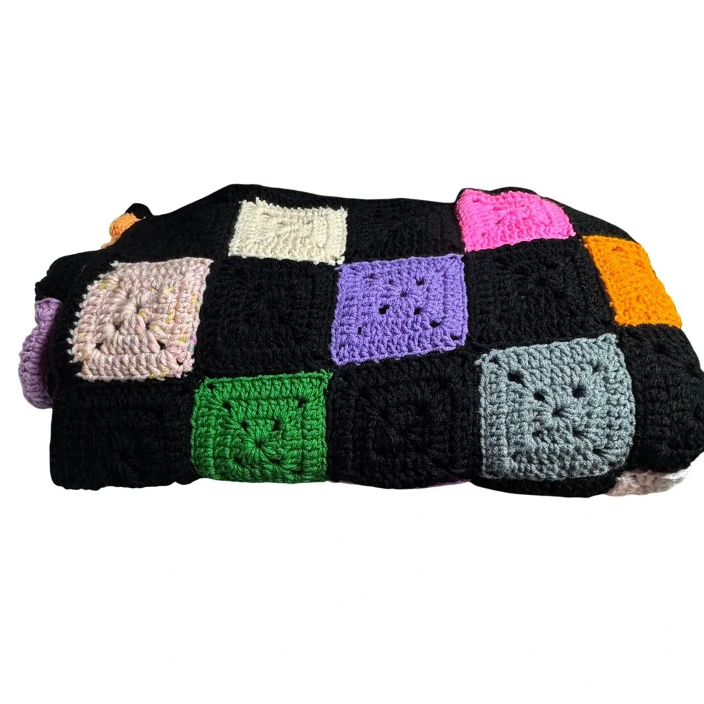 Handmade Granny Square Crochet‎ Afghan Blanket Multi-Color Patchwork Large Black